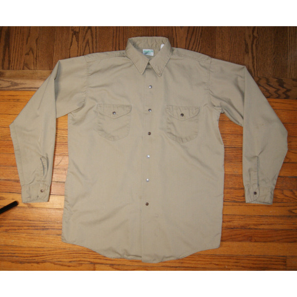 Vintage Oshkosh Best-Prest Tan Mens XL Long Sleeve Snap Button Work Shirt Stains - Picture 3 of 16